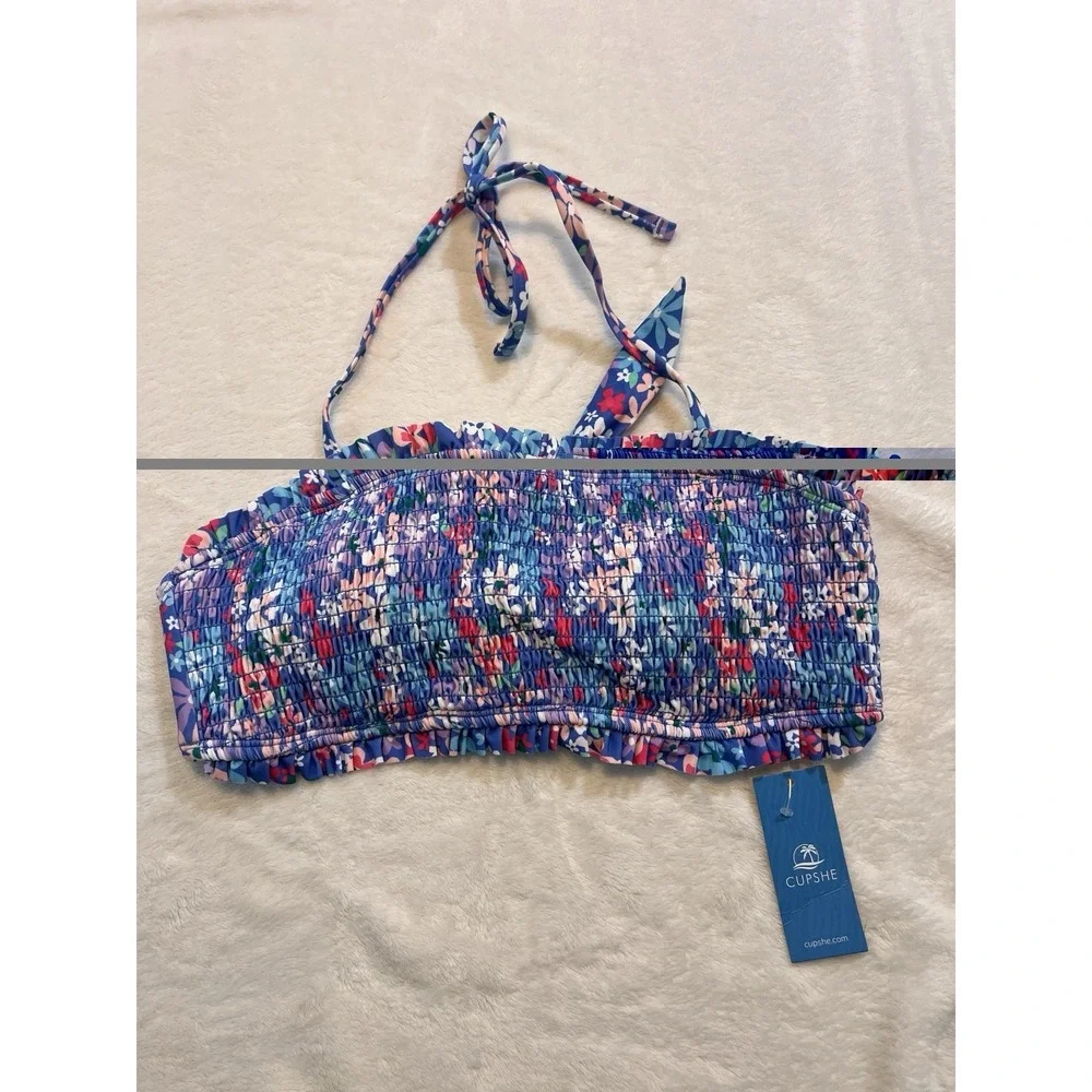 CUPSHE Bikini Top Swimsuit Medium Bandeau Floral Blue Top Back Tie New With Tag